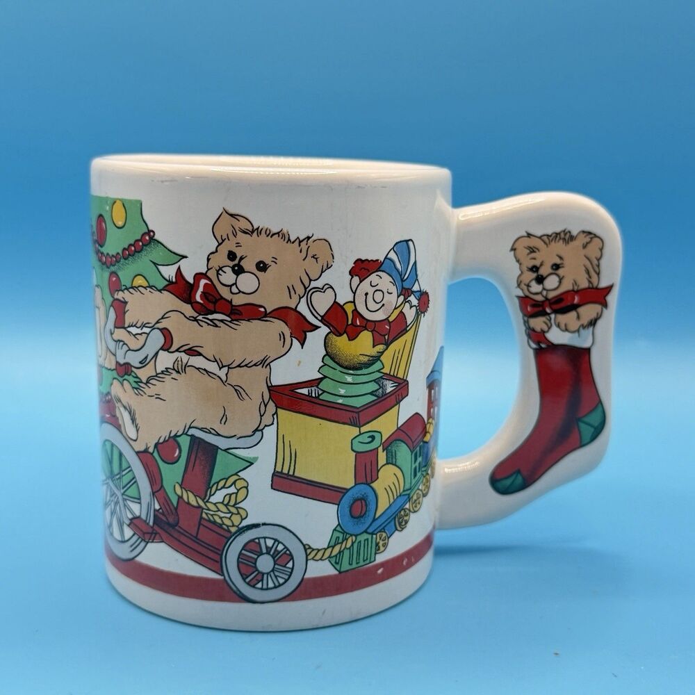 Vintage Christmas Teddy Bear Toy Mug Ceramic Stocking Handle Holiday Coffee Cup